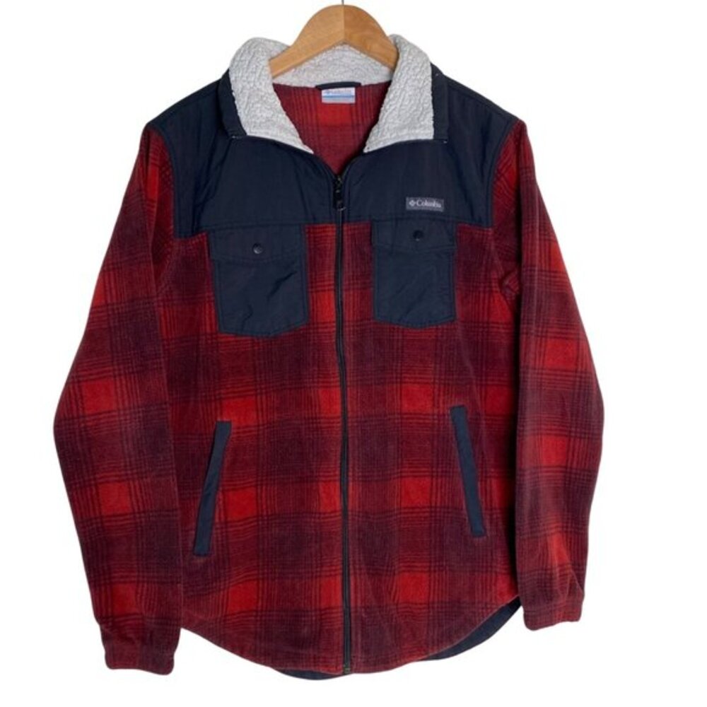 Columbia Mens Red & Black Plaid‎ Sherpa Lined Fleece Jacket Size M